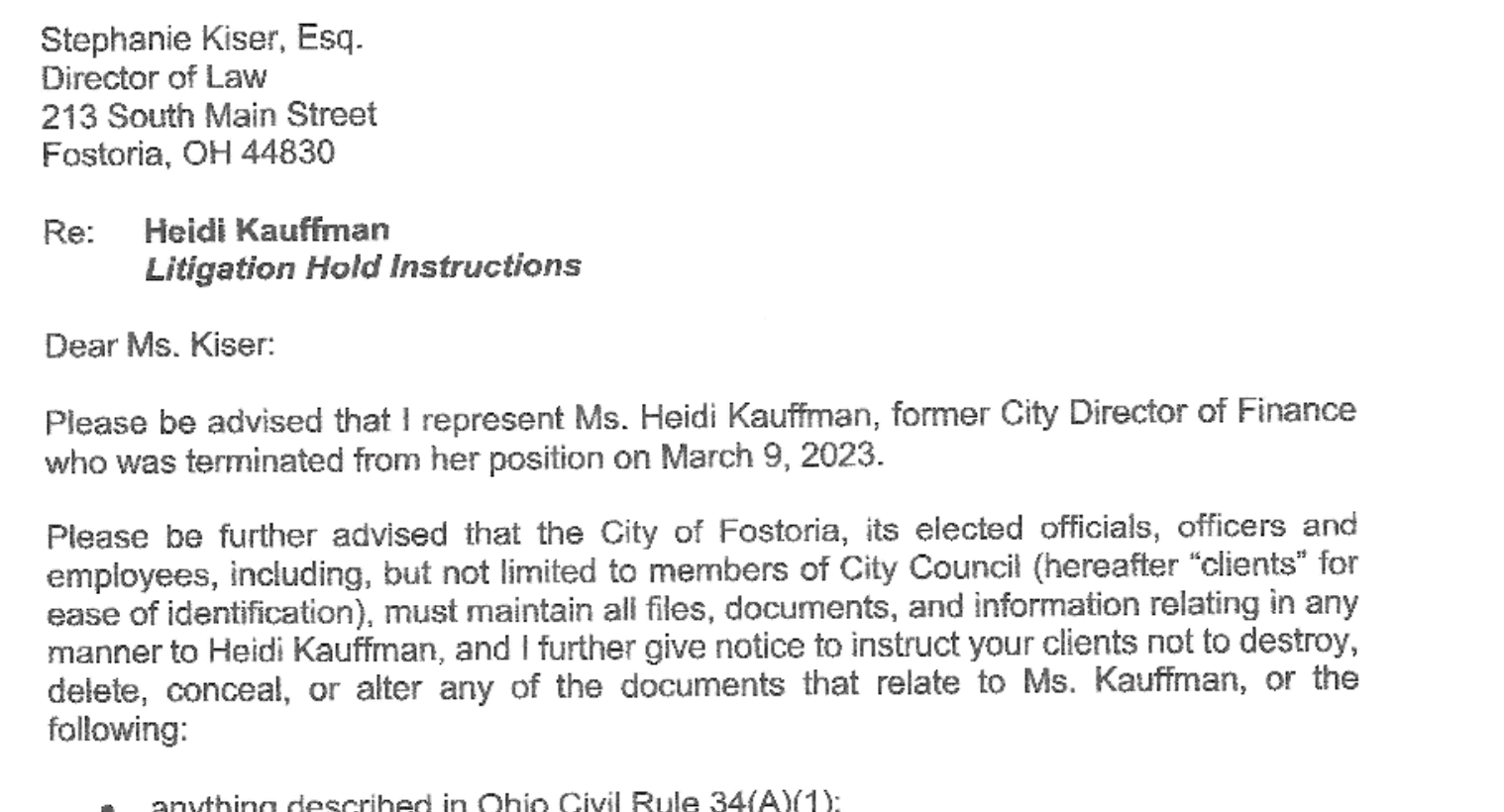 'Litigation Hold' Letter Sent to Fostoria by Former City Auditor's ...